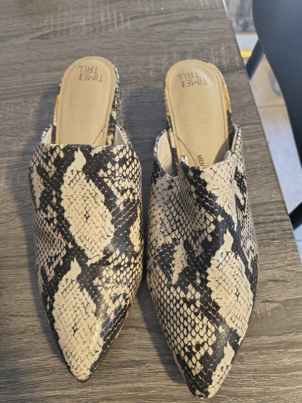 Time and Tru Black and Cream Snake-Print Pointed Toe Mules